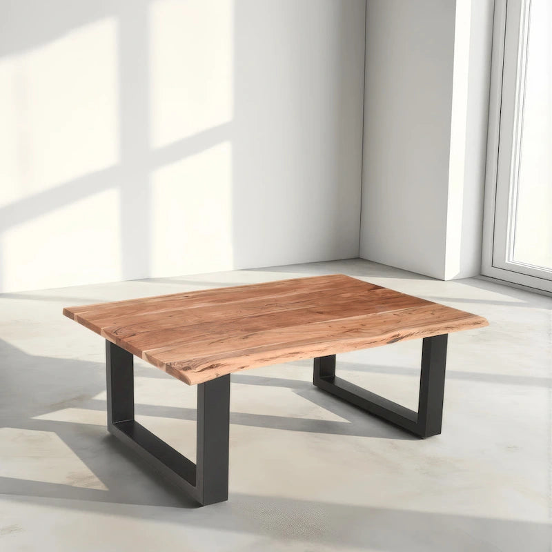 45 Inch Acacia Farmhouse Coffee Table, Live Edges, Metal Sled Base, Brown and Black