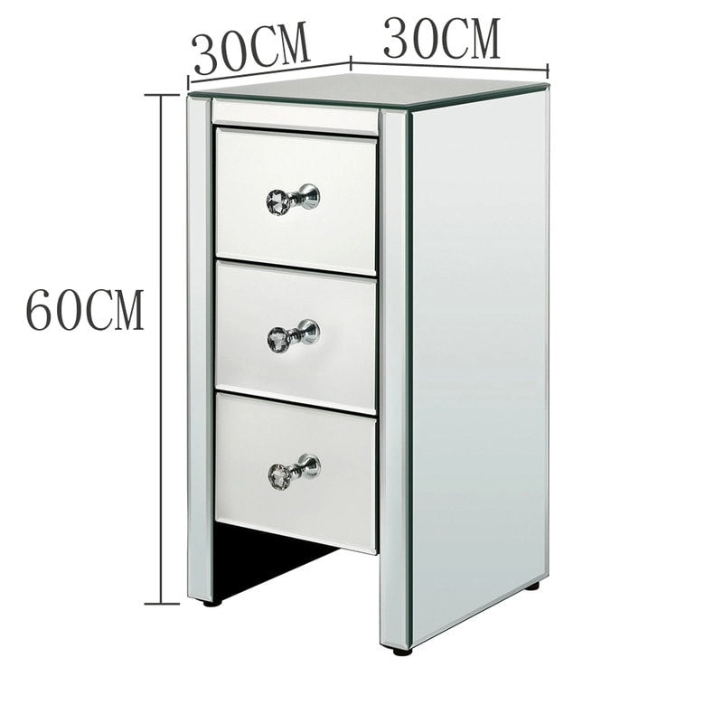 Mirrored Glass Bedside Table with Three Drawers