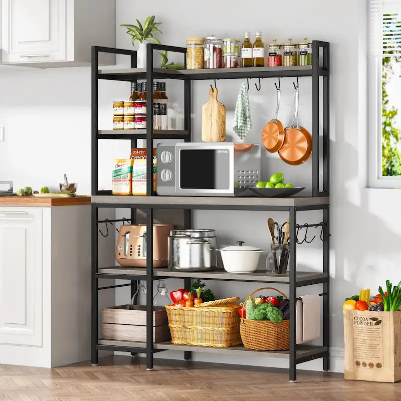 Brown Industrial Wood Bakers Rack with Storage,Black Modern Microwave Oven Stand,5-Tier Kitchen Utility Storage Shelf