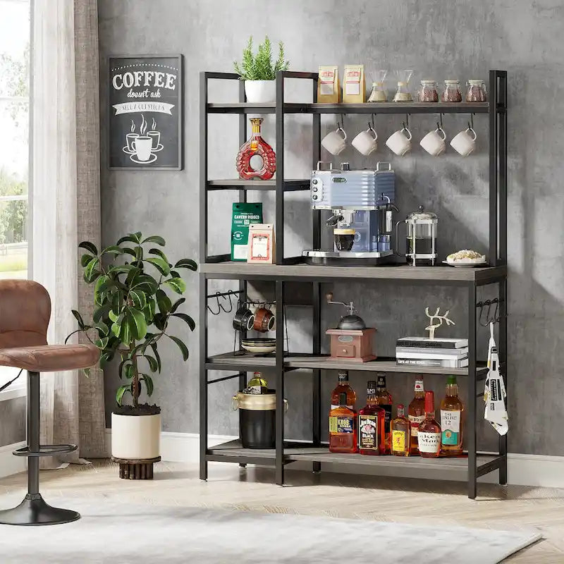 Brown Industrial Wood Bakers Rack with Storage,Black Modern Microwave Oven Stand,5-Tier Kitchen Utility Storage Shelf