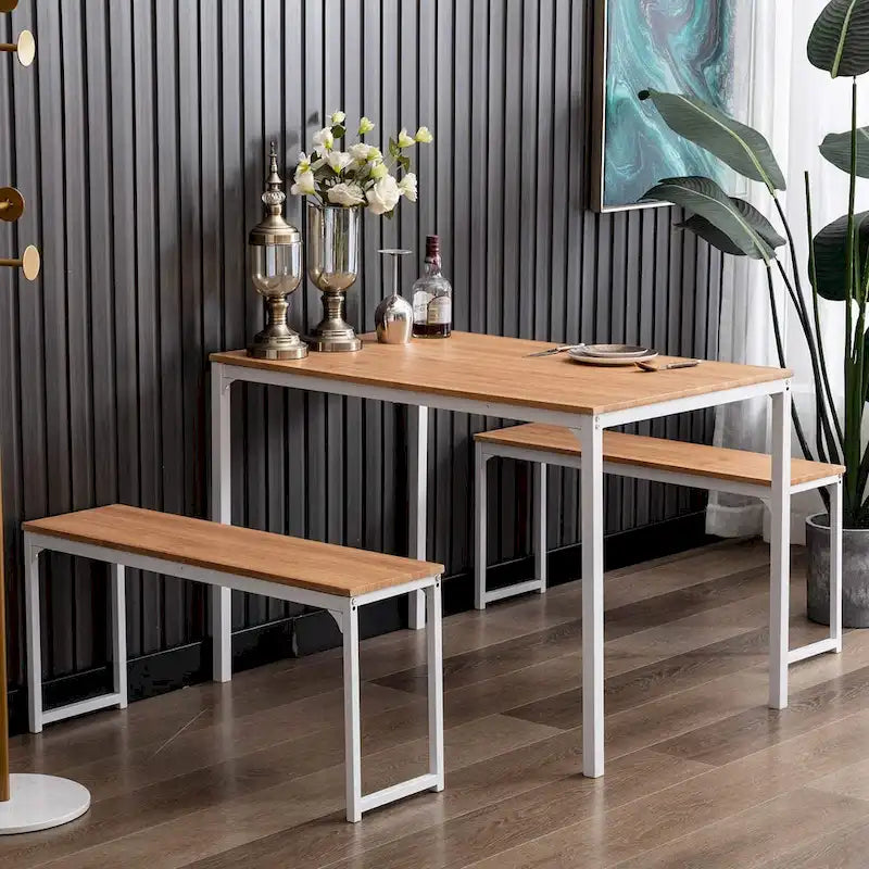 3 Piece Kitchen Table Set with Two Benches Dining Room Table Set 4