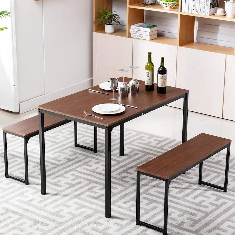 3 Piece Kitchen Table Set with Two Benches Dining Room Table Set 4