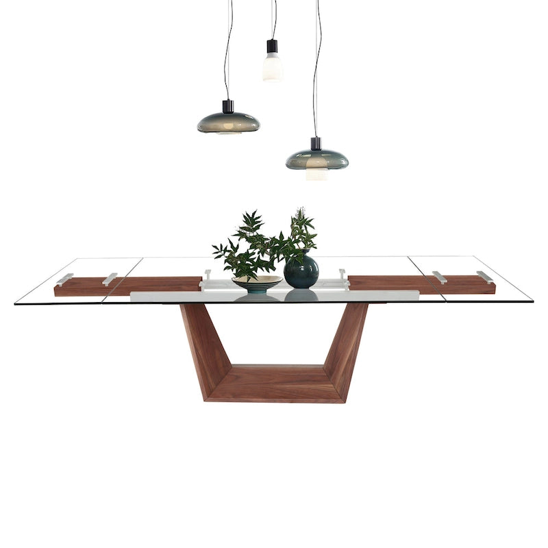 Davee Furniture Transparent Glass Top with Wood Leg Extendable Dining Table- 70.87/106.31*35.43*29.53 inches