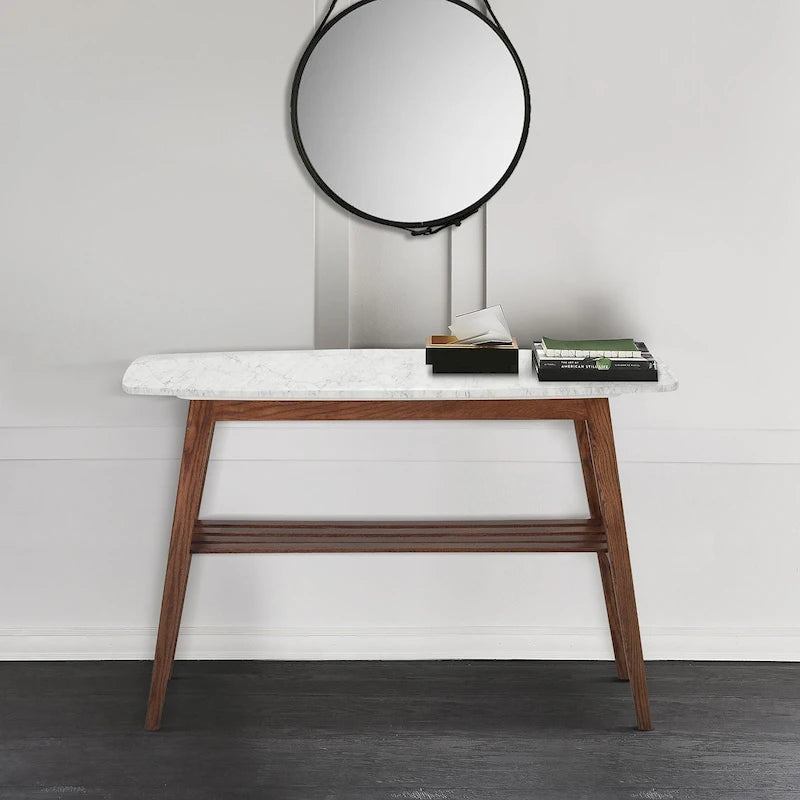 Castello 43 Rectangular Italian Carrara White Marble Console Table with Shelf - 43L x 12W x 31H - 43L x 12W x 31H