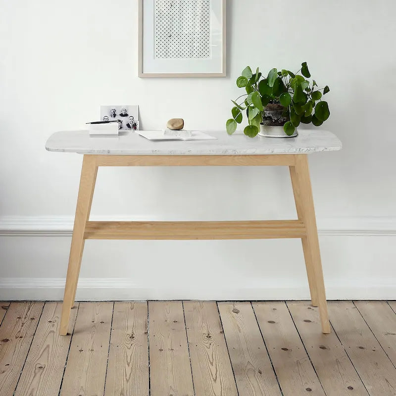 Castello 43 Rectangular Italian Carrara White Marble Console Table with Shelf - 43L x 12W x 31H - 43L x 12W x 31H