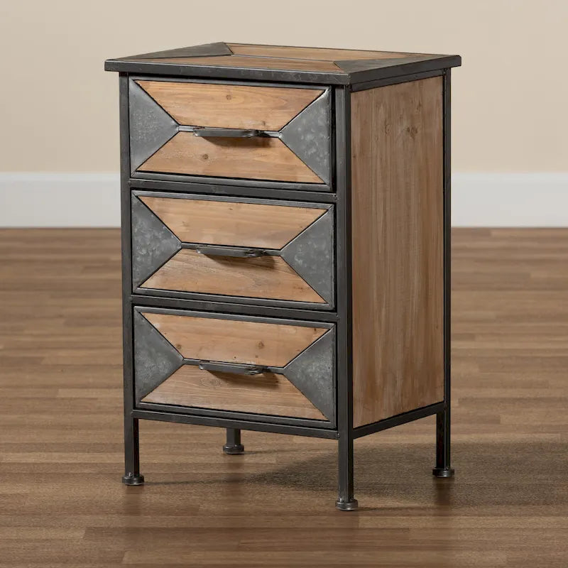 Baxton Studio Laurel Rustic Industrial Antique Grey Finished Metal and Whitewashed Oak Brown Finished Wood 3-Drawer End Table