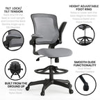 Mid-Back Mesh Ergonomic Drafting Chair with Foot Ring and Flip-Up Arms