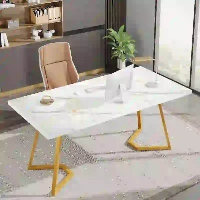 Home Office Computer Desk, White Gold 55 In Faux Marble Executive Desk