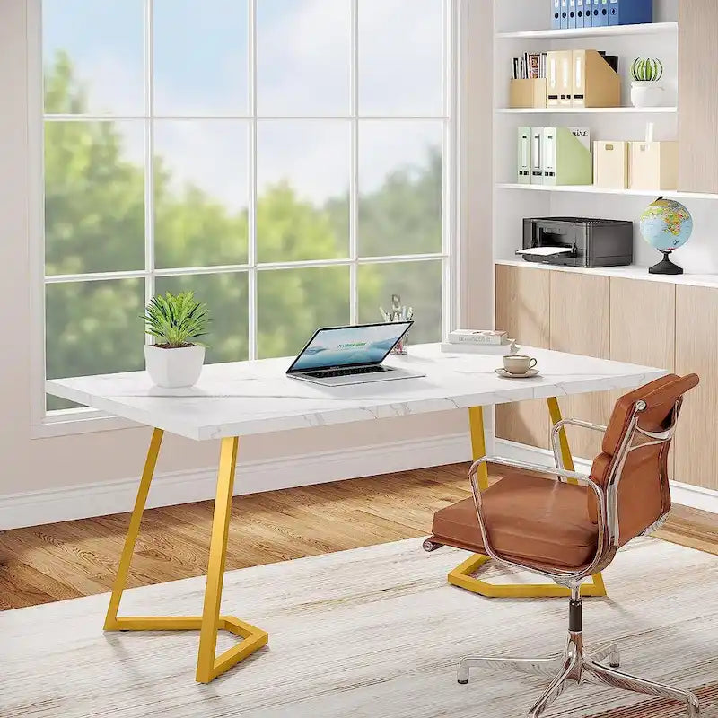 Home Office Computer Desk, White Gold 55 In Faux Marble Executive Desk
