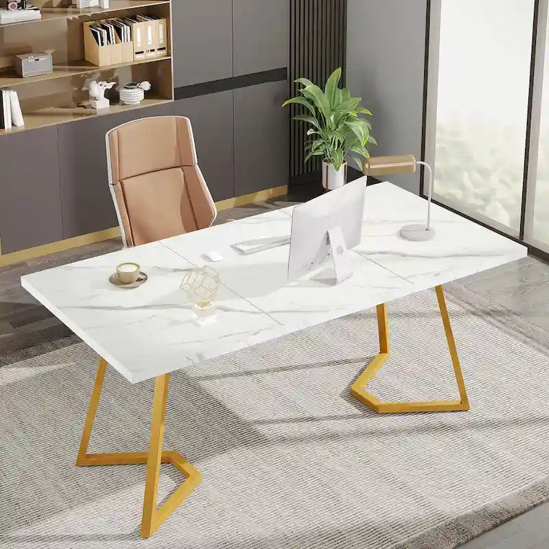 Home Office Computer Desk, White Gold 55 In Faux Marble Executive Desk