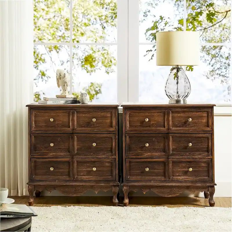 Pallantium Farmhouse 30Tall Distressed 3-Drawer Nightstand With Solid Wood Legs and Adjustable Feet Set Of 2 by HULALA HOME