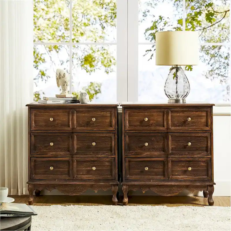 Pallantium Farmhouse 30Tall Distressed 3-Drawer Nightstand With Solid Wood Legs and Adjustable Feet Set Of 2 by HULALA HOME