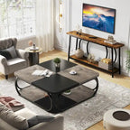39 Inche 2-Tier Square Coffee Table with Metal Frame for Living Room