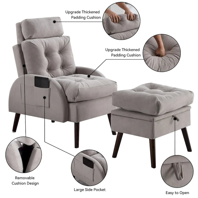 HOMYKA Upholstered Chaise Lounge Chair with Adjustable Backrest Storage Ottoman
