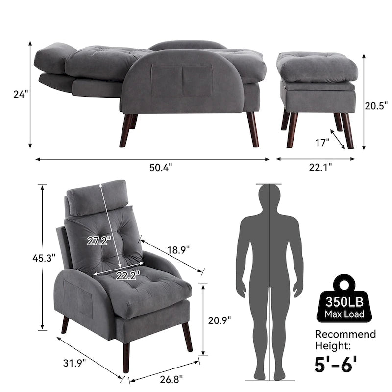 HOMYKA Upholstered Chaise Lounge Chair with Adjustable Backrest Storage Ottoman