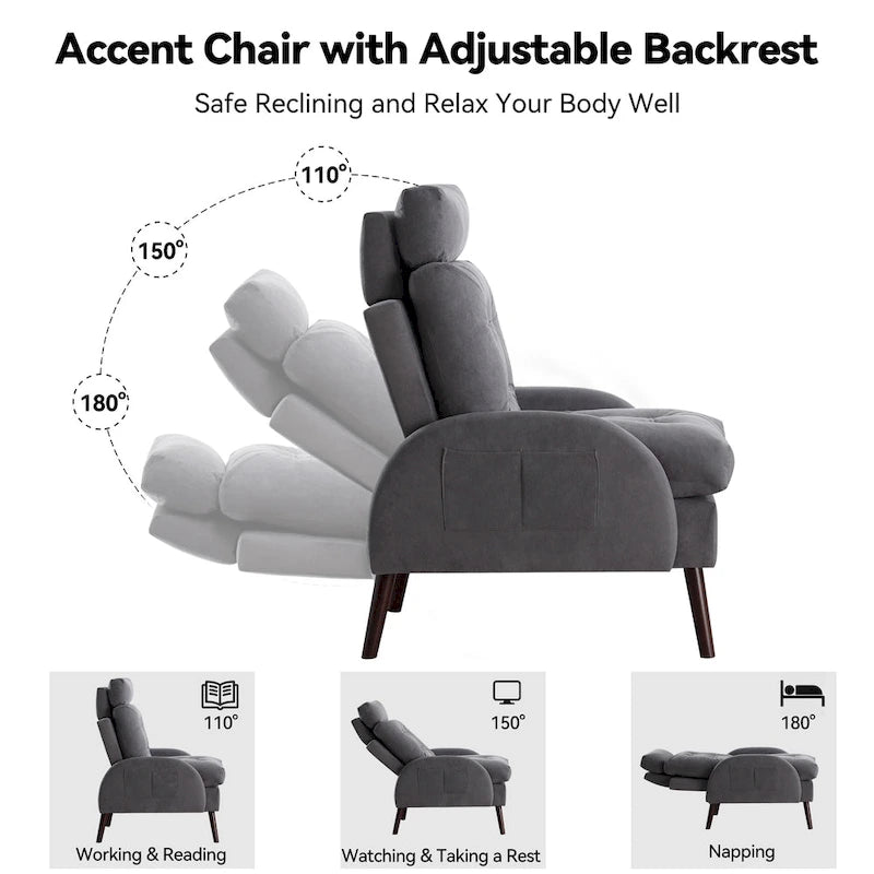 HOMYKA Upholstered Chaise Lounge Chair with Adjustable Backrest Storage Ottoman