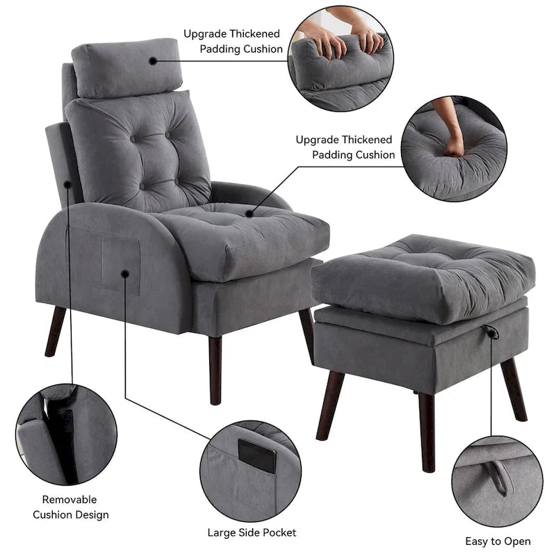 HOMYKA Upholstered Chaise Lounge Chair with Adjustable Backrest Storage Ottoman