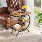 C-Shaped End Table, Industrial 3-Tier Side Table, Wood Bedside Table