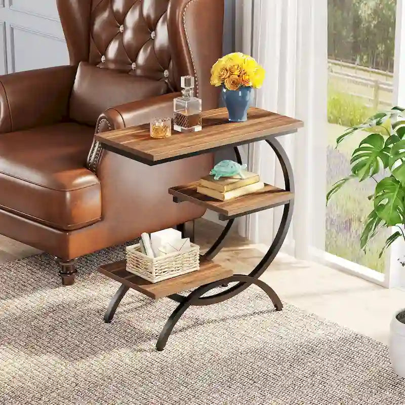 C-Shaped End Table, Industrial 3-Tier Side Table, Wood Bedside Table