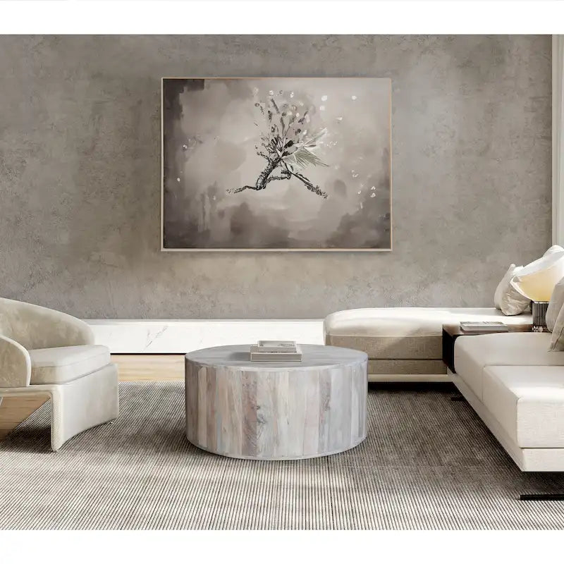 36 Inch Coffee Table, Handcrafted Drum Shape, Washed White Mango Wood