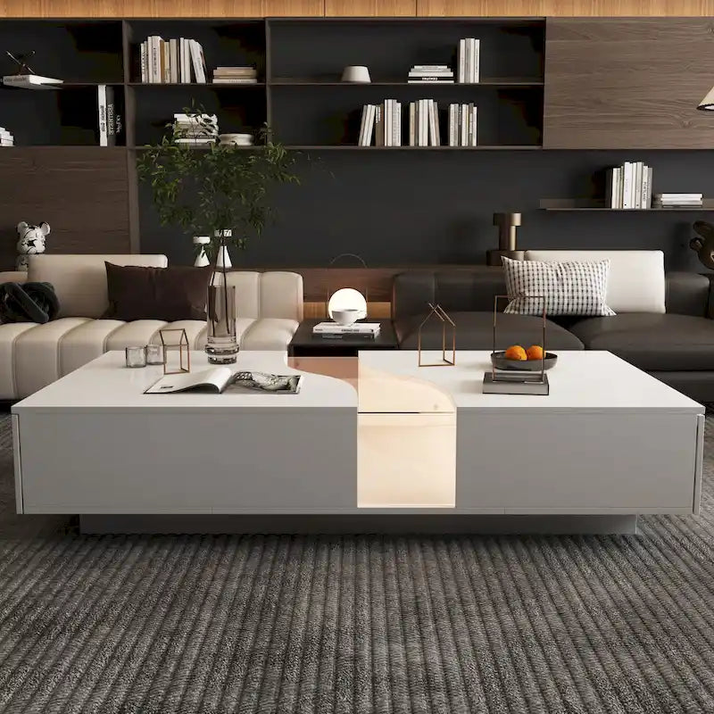 Storage Masterpiece Contemporary White Coffee Table Colorful LED Edge - 55.1W