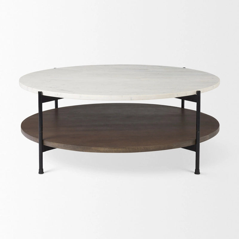 Larkin Two-Tier White Marble Top and Solid Wood Round Coffee Table