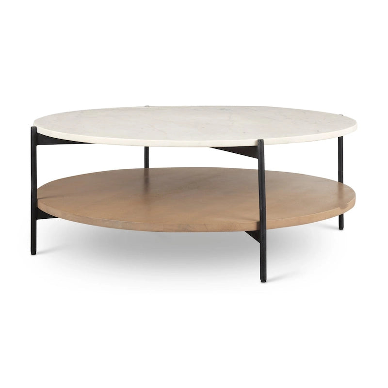 Larkin Two-Tier White Marble Top and Solid Wood Round Coffee Table