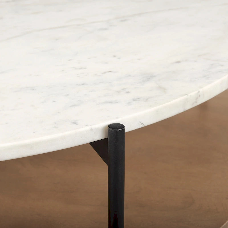 Larkin Two-Tier White Marble Top and Solid Wood Round Coffee Table