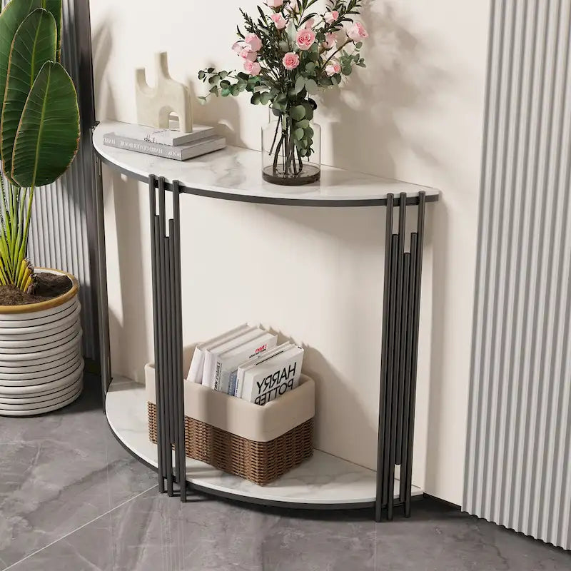 40 Inch Half Moon Console Table Sintered Stone-top Table for Entryway - 39.4x30.7 inch