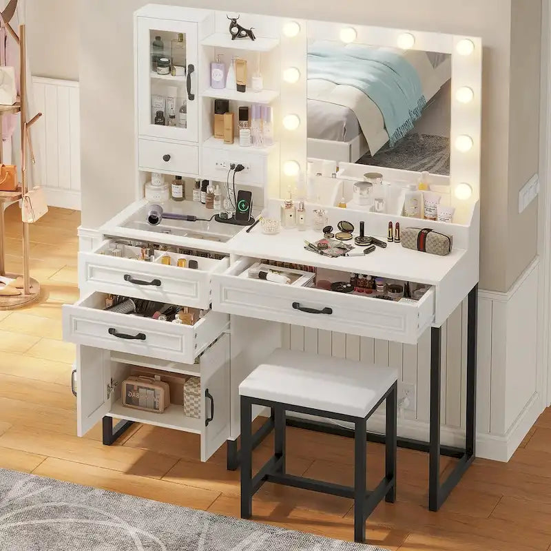 Vanity Desk Set 10 Hollywood Lights Mirror Bench Charging Station