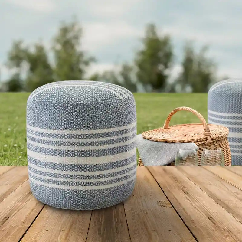 20 Blue and White Striped Round Pouf Ottoman