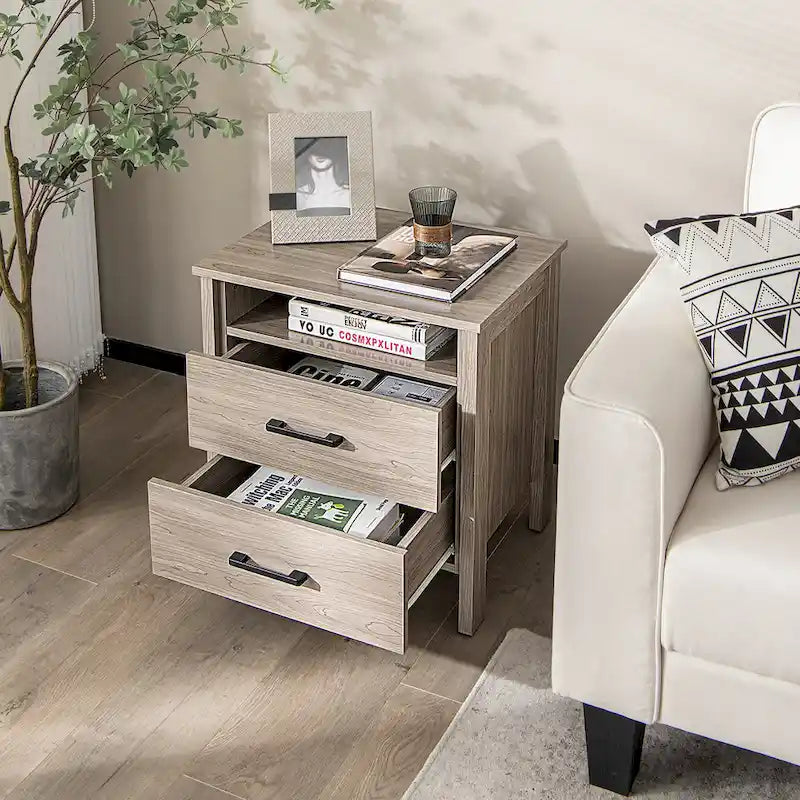 Costway Nightstand Drawers Rustic Side End Table Storage Compartment - 21.5 x 17 x 23