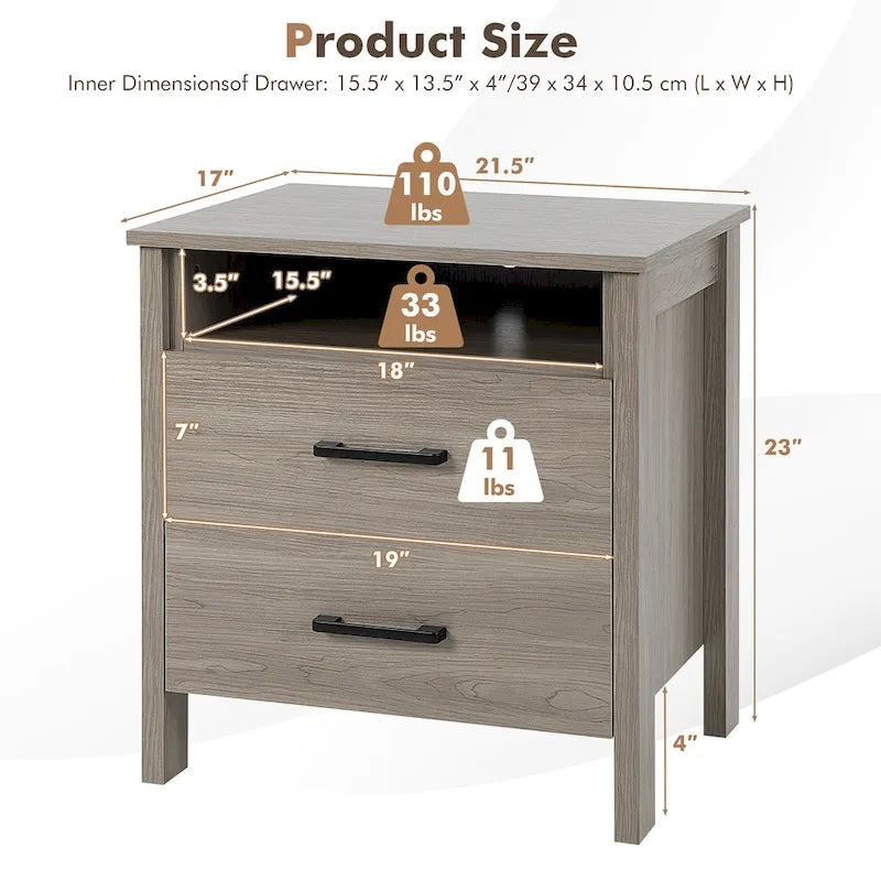 Costway Nightstand Drawers Rustic Side End Table Storage Compartment - 21.5 x 17 x 23