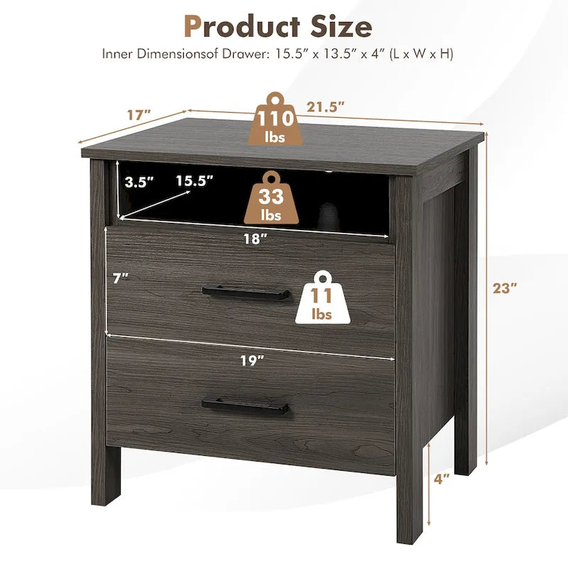 Costway Nightstand Drawers Rustic Side End Table Storage Compartment - 21.5 x 17 x 23