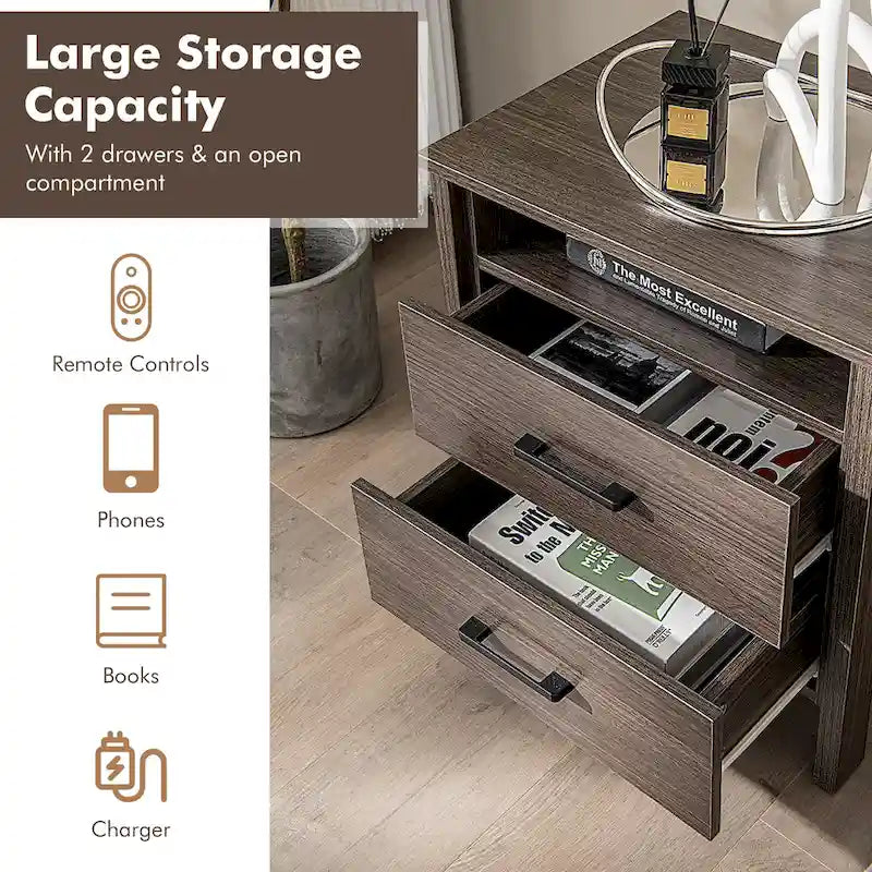 Costway Nightstand Drawers Rustic Side End Table Storage Compartment - 21.5 x 17 x 23