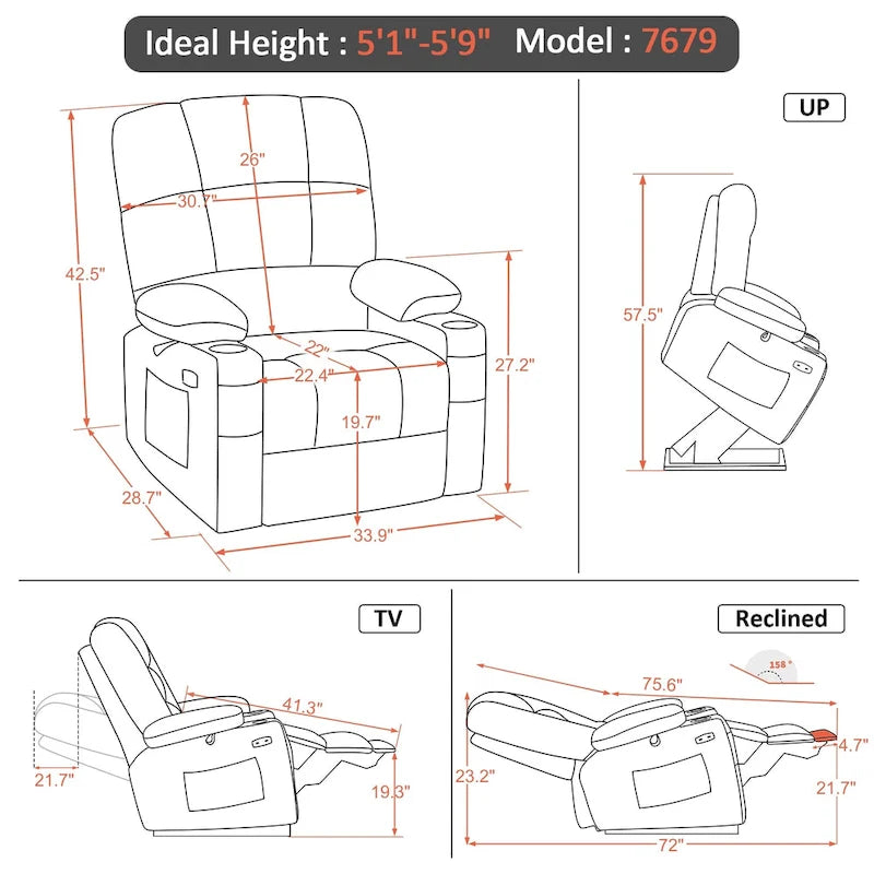 MCombo Medium Dual Motor Power Lift Recliner Chair with Massage and Heat for Elderly People, Faux Leather 7679