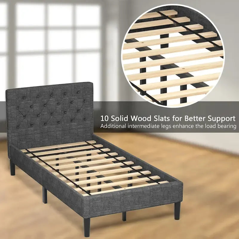 Costway Twin Upholstered Bed Frame Diamond Stitched Headboard Wood