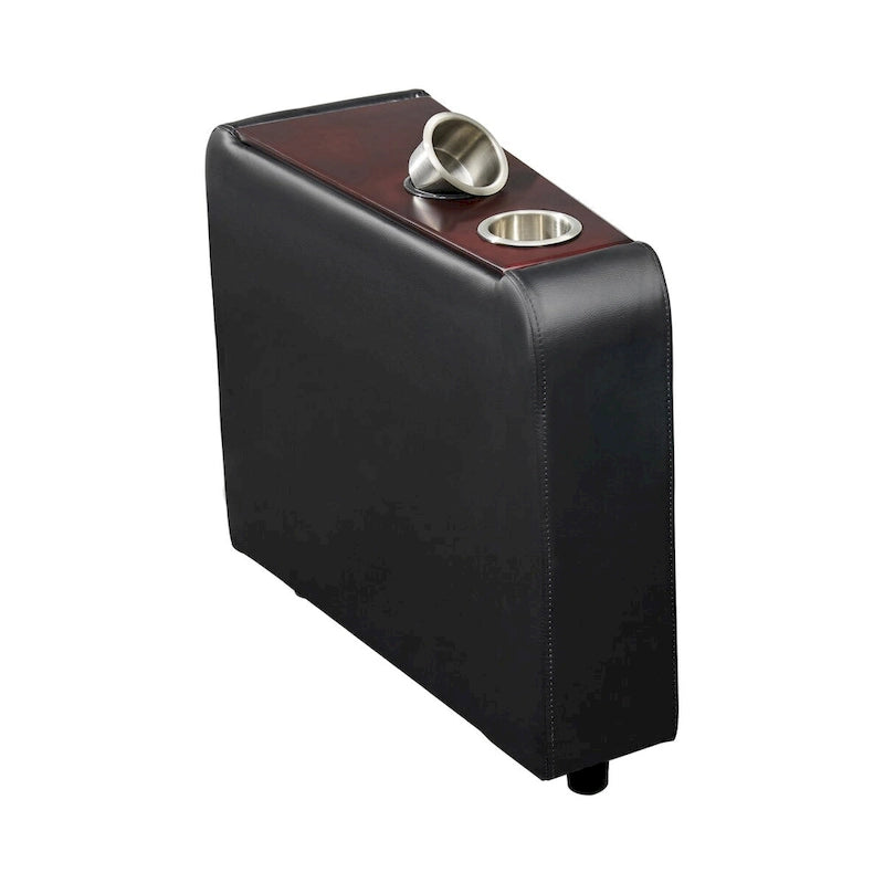 Leatherette Console with 2 Removable Metal Cup Holders, Black and Silver - 25 H x 9.5 W x 28.75 L Inches