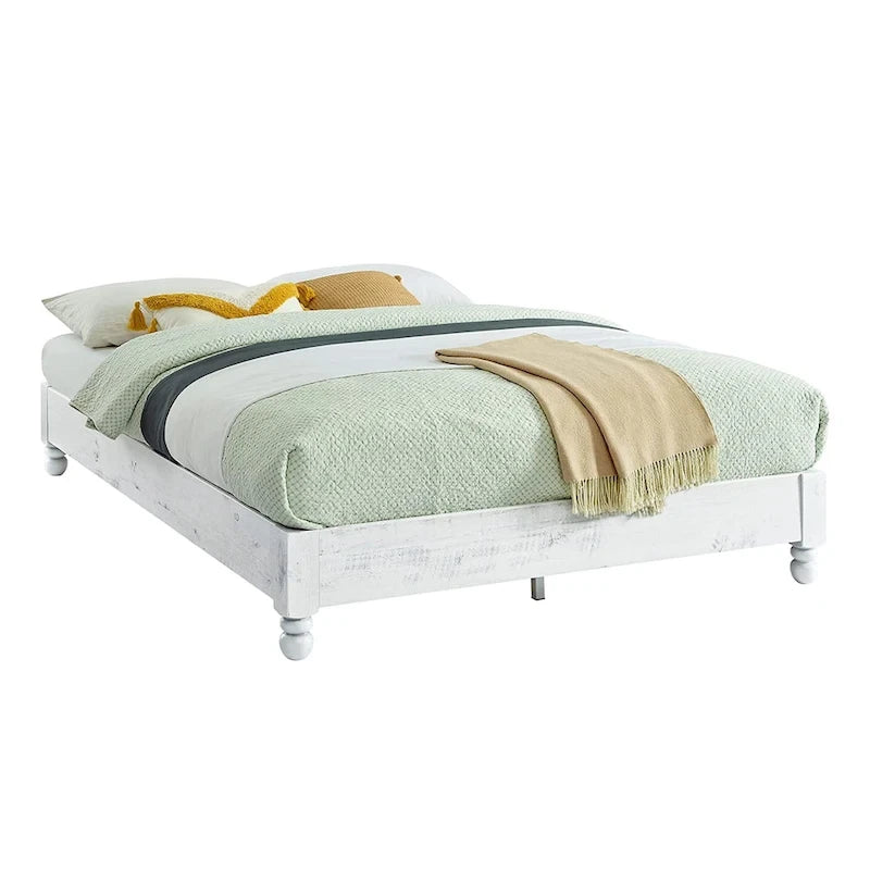 MUSEHOMEINC Solid Pine Wood 12 Slat Platform Rustic Bed Frame, Whitewashed, King - Whitewashed
