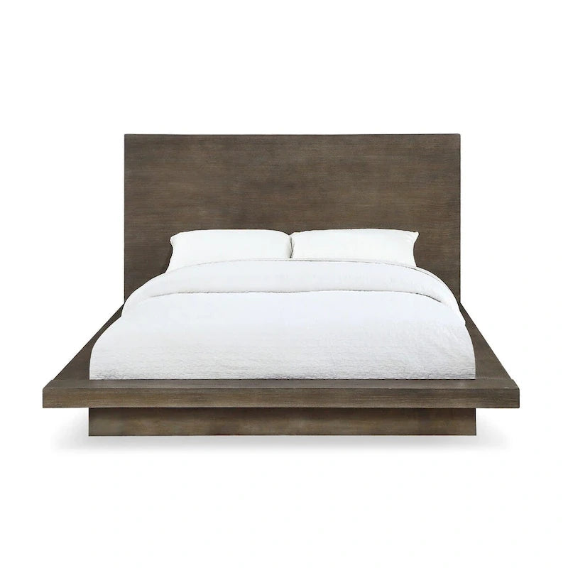 Nels Pine Wood Platform Queen Bed, Plinth Base, Distressed Brown