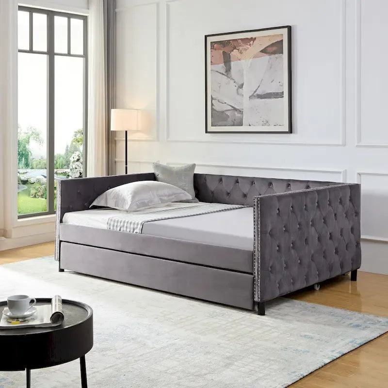 Full Size Velvet Daybed Upholstered Sofa Bed With Wheels, Button And Copper Nail
