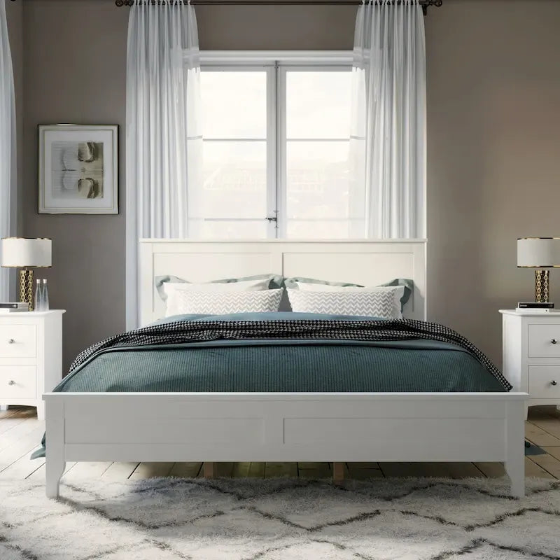 White Modern Solid Wood Queen Platform Bed, Elegant and Strong
