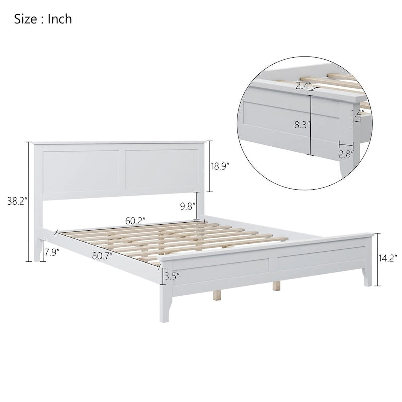 White Modern Solid Wood Queen Platform Bed, Elegant and Strong
