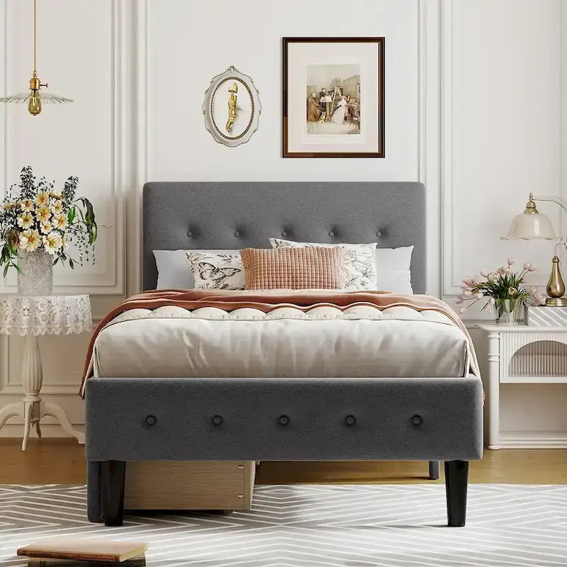 Twin Size Upholstered Platform Bed with 2 Drawers