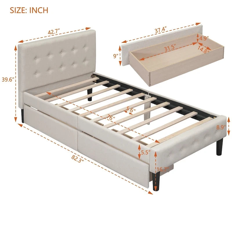 Twin Size Upholstered Platform Bed with 2 Drawers
