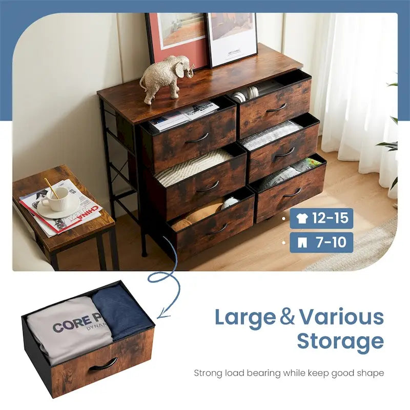6 Drawers Dresser Chest with Metal Frame and Wooden Top