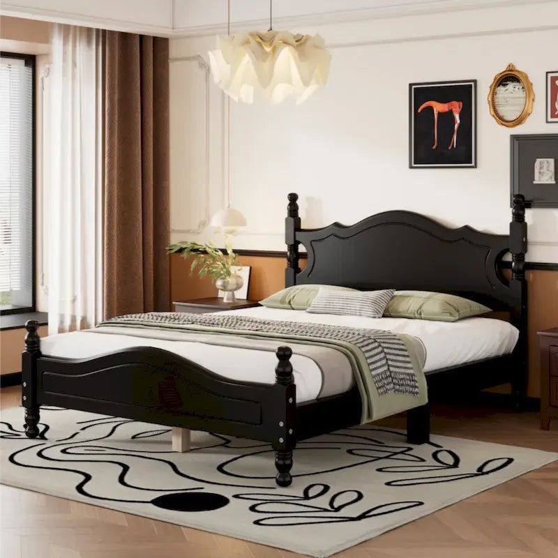 Full Size Wood Platform Bed Frame,Retro Style Platform Bed with Wooden Slat Support
