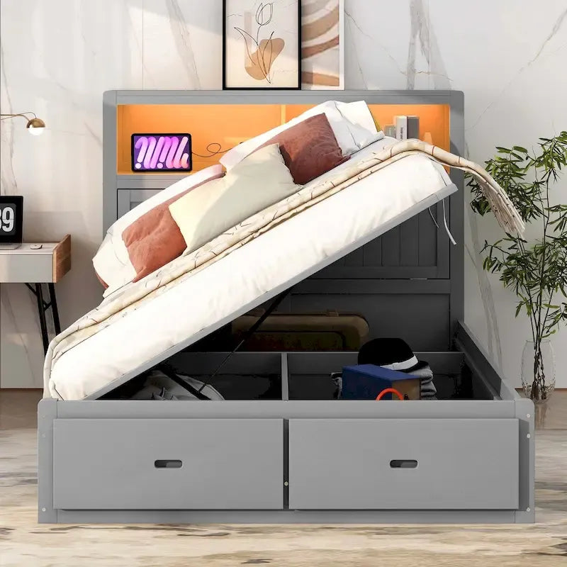 Wood Queen Size Hydraulic Platform Bed with Storage LED Headboard