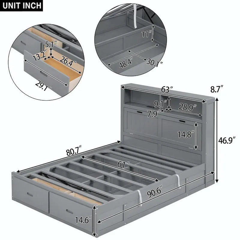 Wood Queen Size Hydraulic Platform Bed with Storage LED Headboard