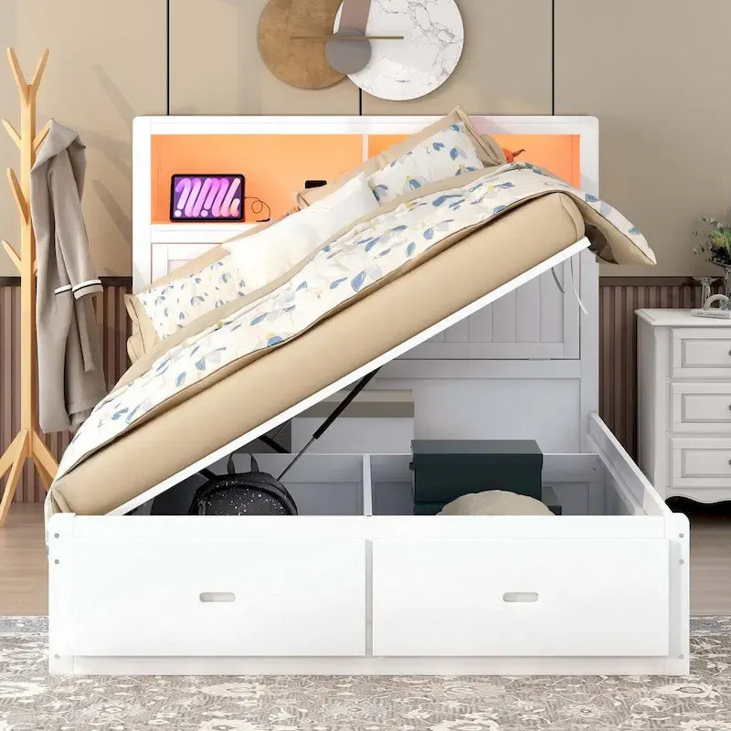 Wood Queen Size Hydraulic Platform Bed with Storage LED Headboard